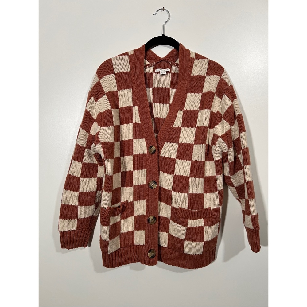 AE Checker Cardigan in Burnt Orange and Cream Size Medium Cotton Blend - Picture 3 of 10